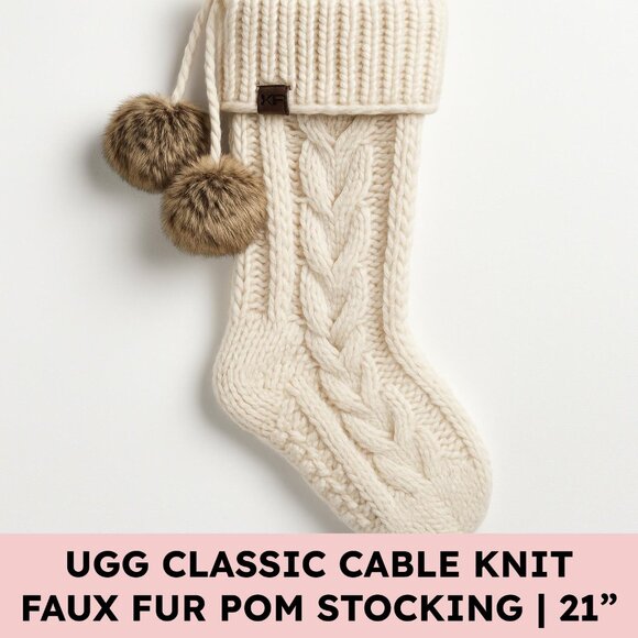 UGG Classic Cable Knit Stocking Snow White Faux Fur Poms 21" Hygge Christmas - Picture 1 of 9